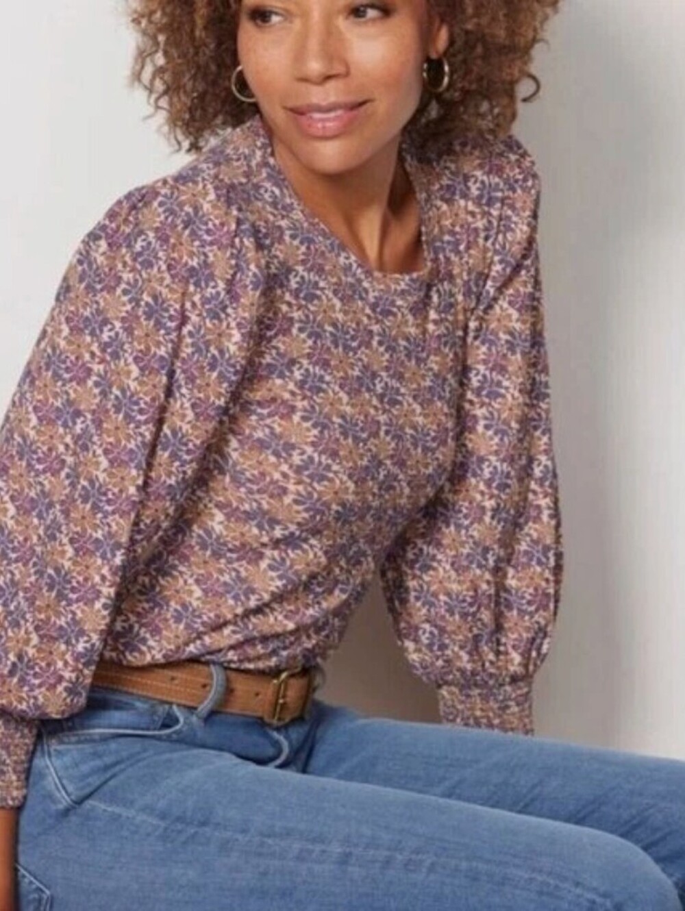 Nation LTD Cotton Purple Floral Loren Smocked Peasant Tee Blouse - Size - Small